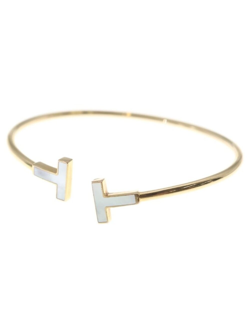Tiffany & Co T Wire 18k Yellow Gold Bracelet Bangle White Shell
